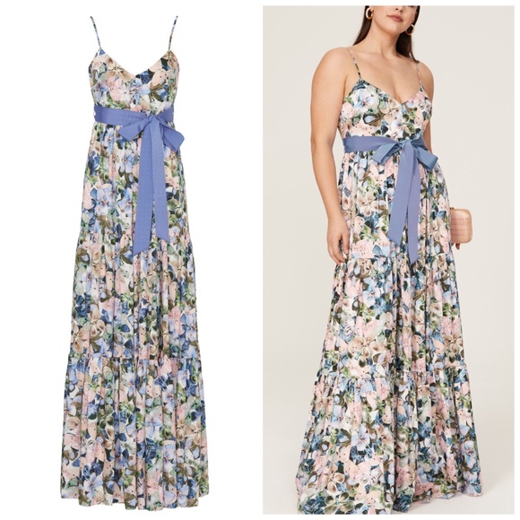 Badgley Mischka Dresses & Skirts - Badgley Mischka Butterfly Sleeveless Bow Tie Waist Tiered Ruffle Hem Maxi Gown 0